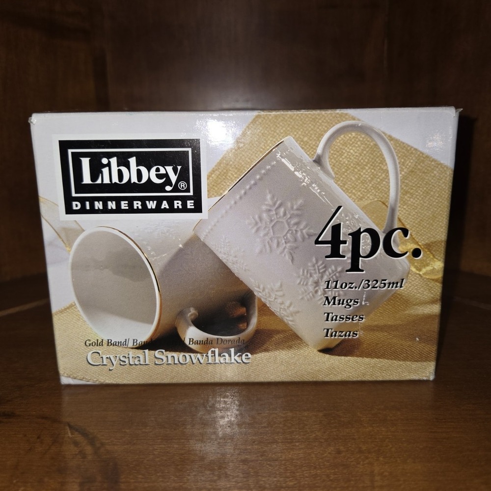 Libbey Crystal Snowflake White/Gold 11 fl oz Coffee Mugs Set of 4 NIB